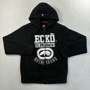 Y2K Ecko Unltd Full Zip Hoodie Mens Small Black Sherpa Lined Waffle Knit Grunge